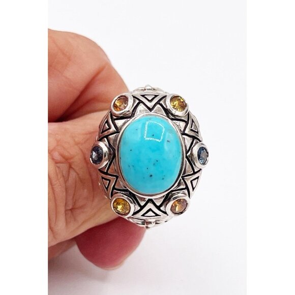 Sally C Treasures Sterling Silver Turquoise & Gems Tribal Sunburst Ring SZ 11 - Picture 6 of 10